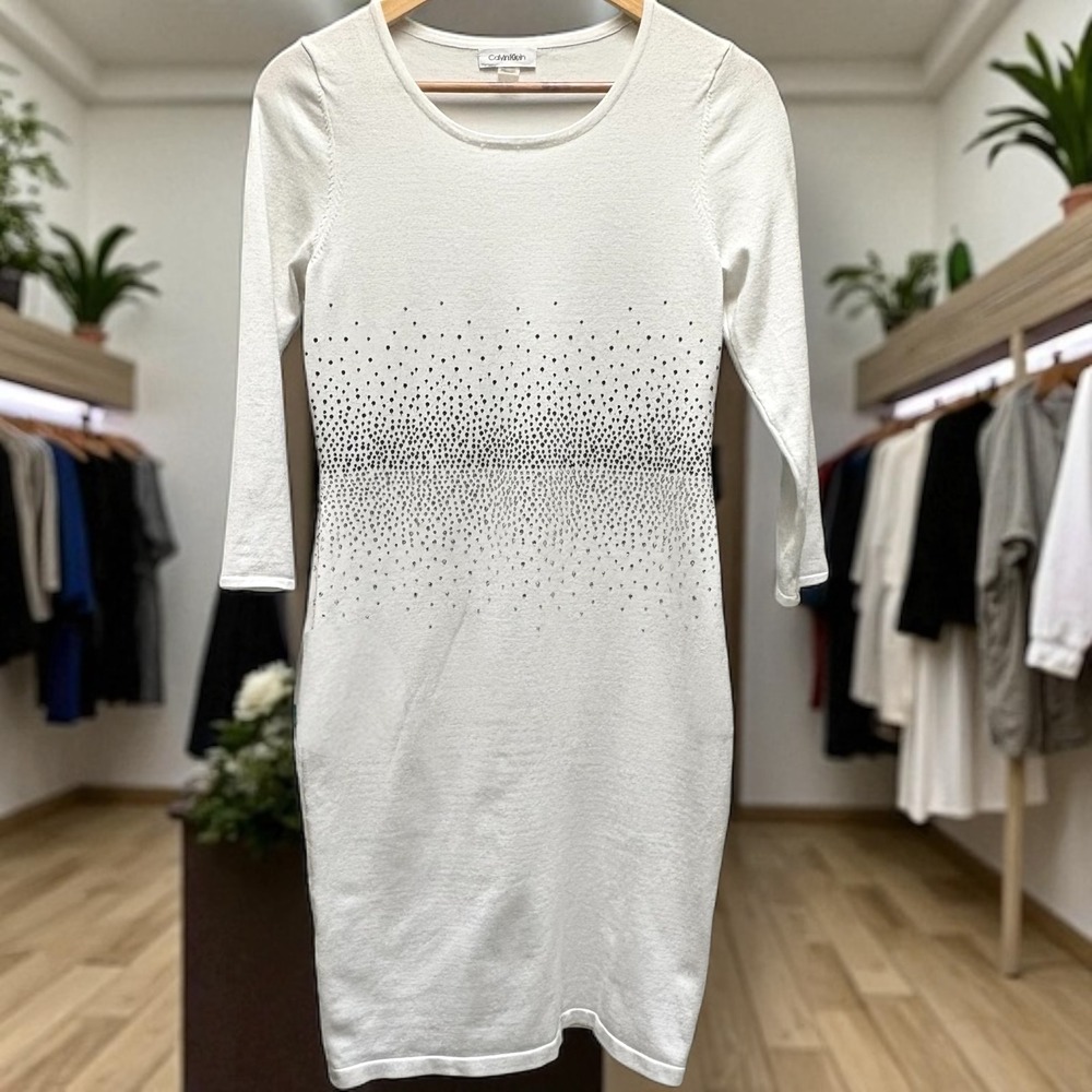 Calvin Klein White Knit Dress Rhinestone Embellished Long Sleeve Sheath